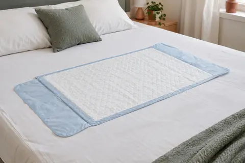 Alèse absorbante blanche et bleue à rabats, étendue sur un lit aux draps blancs.