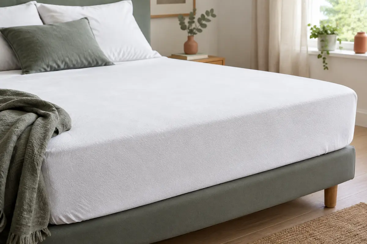 Protège-matelas Cflagrant en fibre de bambou posé sur un lit, avec son bonnet profond