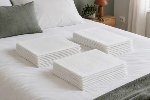 Trente alèses jetables blanches en trois piles, posées sur un lit aux draps blancs.