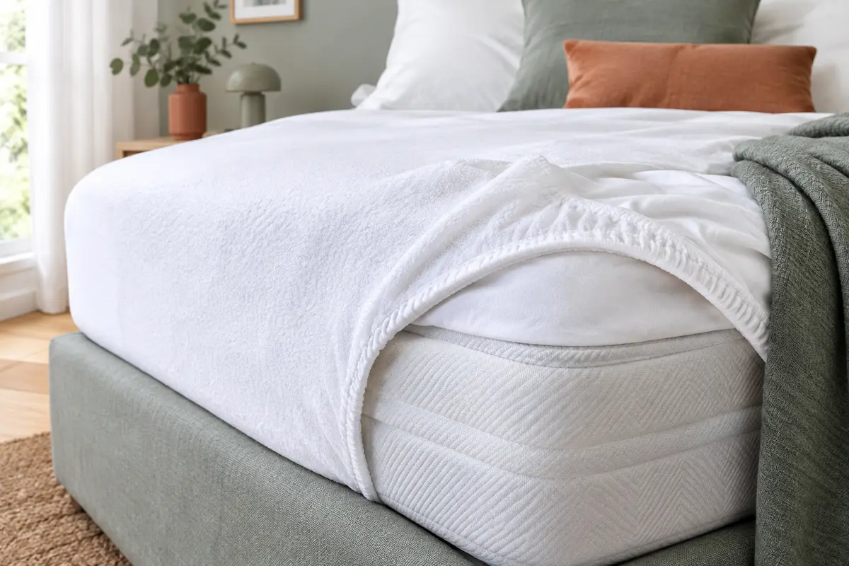 Protège-matelas Dodo Quartz blanc en coton molletonné installé sur un lit, avec son bonnet visible.