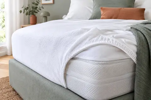 Protège-matelas Dodo Quartz blanc en coton molletonné installé sur un lit, avec son bonnet visible.