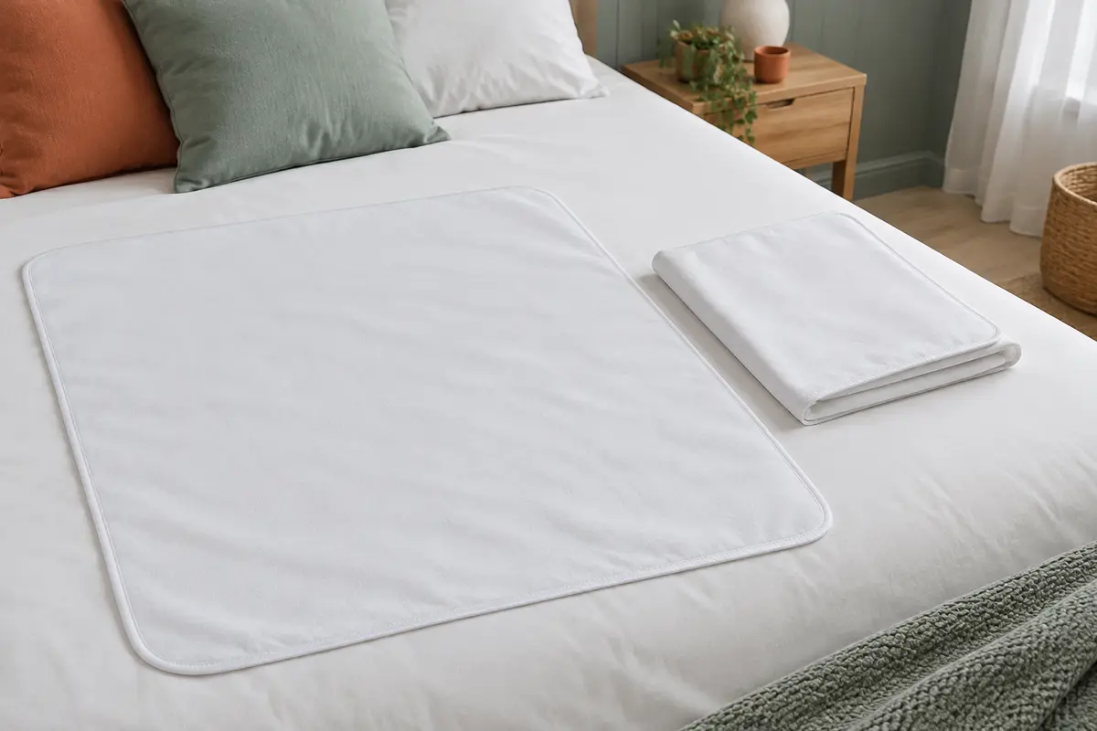 Deux alèses blanches Dreamway, l’une à plat et l’autre pliée sur un lit.