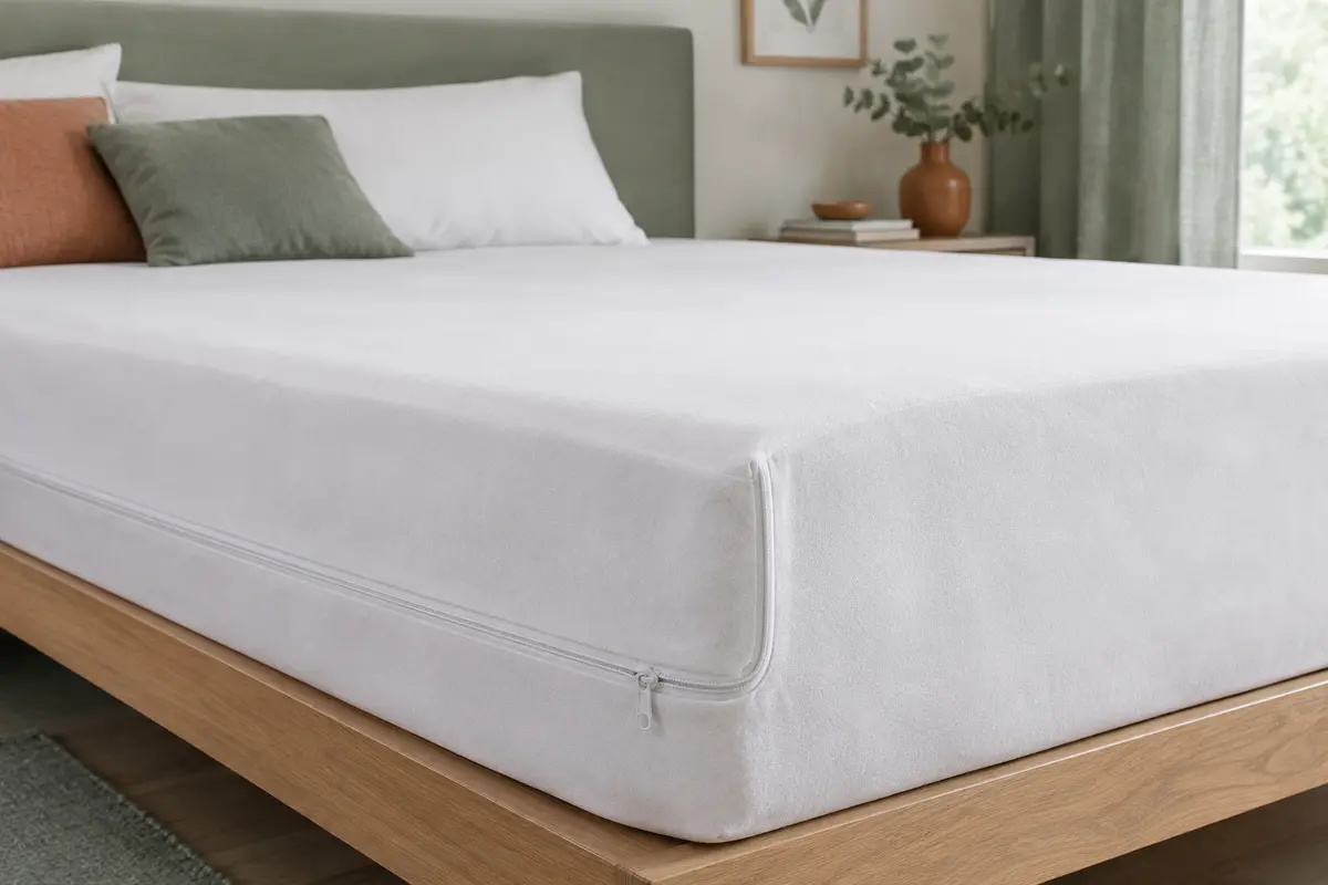 Housse de matelas intégrale blanche, posée sur un matelas avec sa fermeture éclair en L visible.