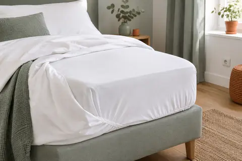 Protège-matelas drap-housse blanc ajusté sur un matelas, avec sa jupe élastique visible