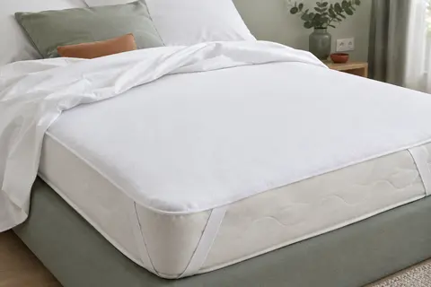 Protège-matelas blanc de forme plateau posé sur un lit, avec ses quatre coins élastiqués visibles