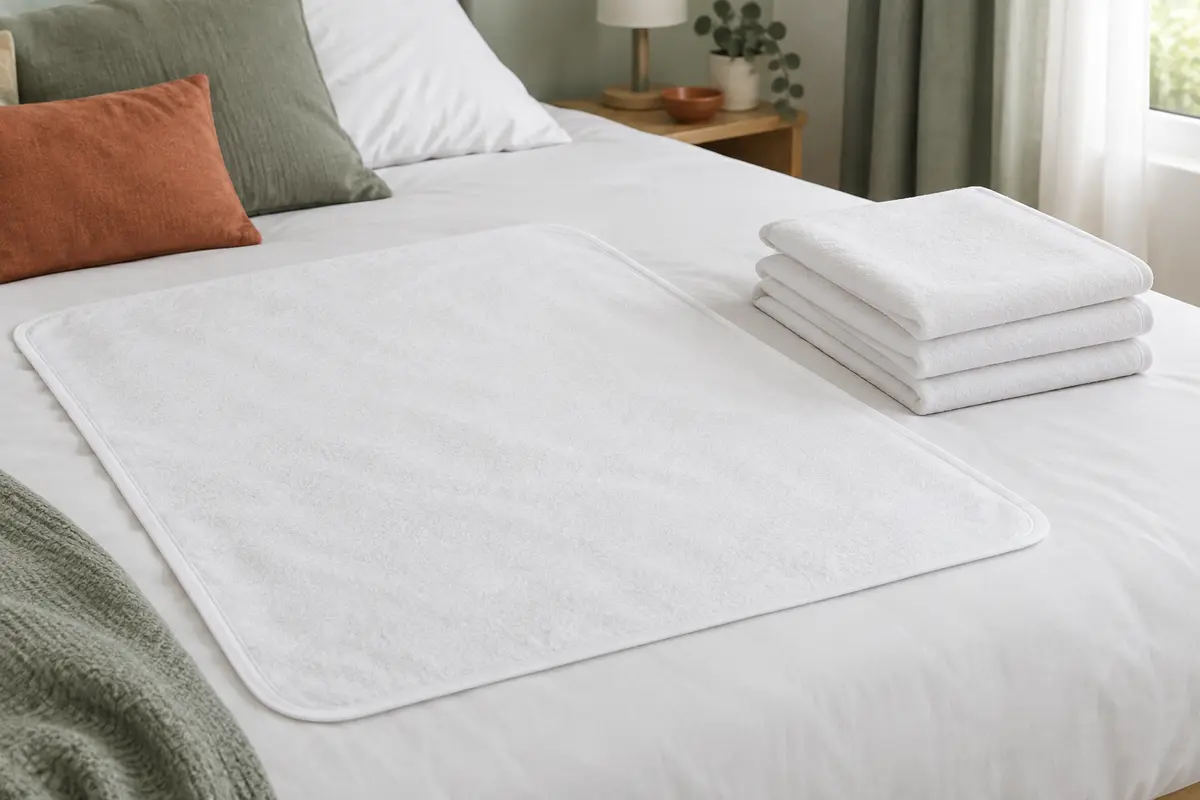 Quatre alèses blanches absorbantes, une déployée sur un lit et trois pliées en pile