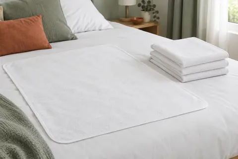 Quatre alèses blanches absorbantes, une déployée sur un lit et trois pliées en pile