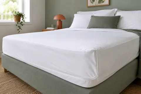 Housse de matelas intégrale blanche avec fermeture éclair en L dans une chambre épurée.