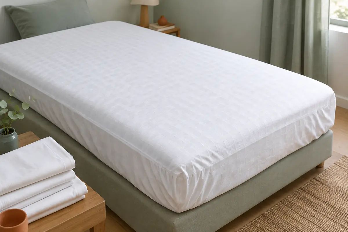 Protège-matelas Dreamzie blanc à motif plaid installé sur un petit matelas, avec ses coins élastiqués visibles.