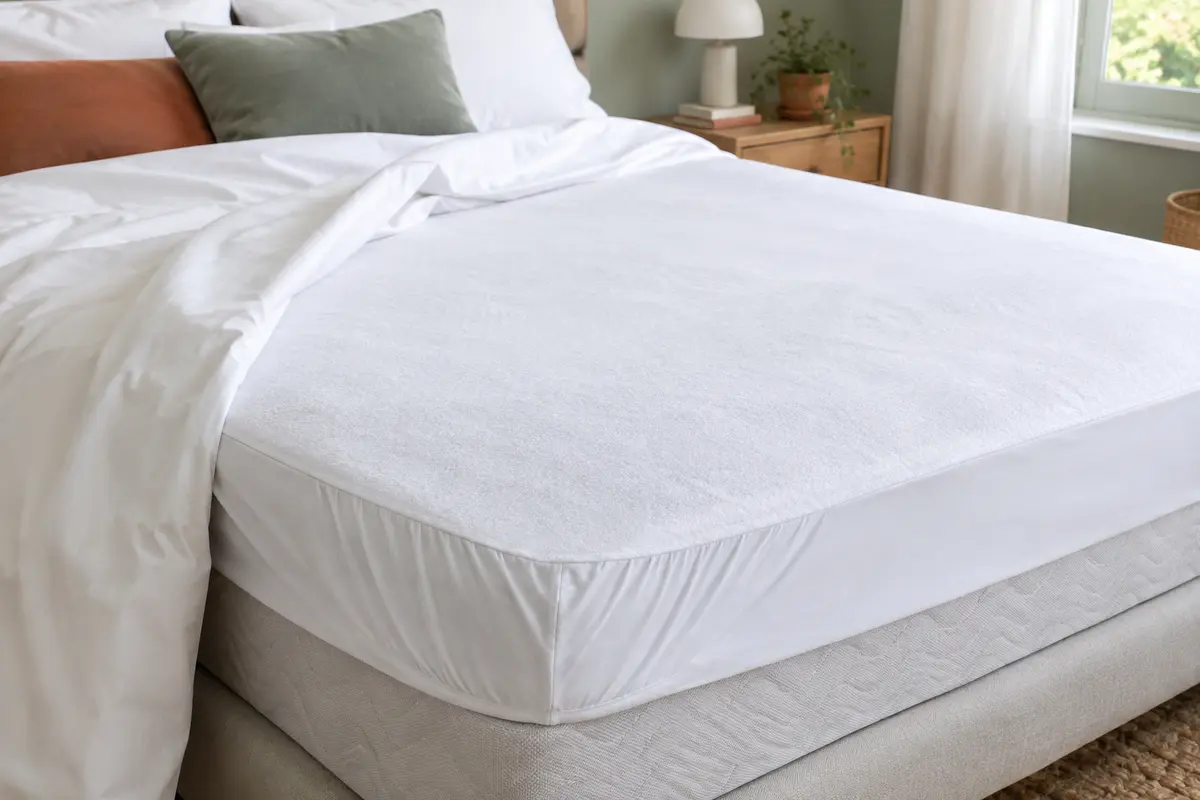 Protège-matelas blanc en coton posé sur un matelas, avec un coin élastiqué visible