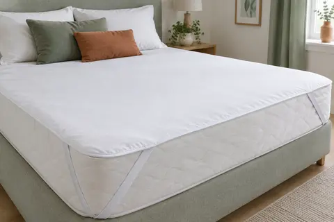 Protège-matelas blanc en polycoton posé sur un lit, avec ses quatre élastiques d’angle visibles