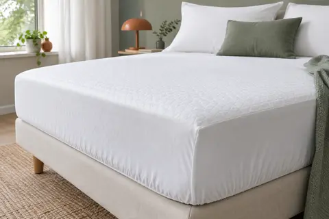 Protège-matelas blanc en forme de drap-housse ajusté sur un matelas dans une chambre claire