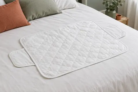 Alèse blanche à coutures diamantées et ailettes posée sur un lit aux draps blancs