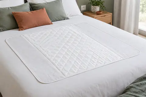 Alèse absorbante blanche à quatre couches, déployée sur un lit avec ses ailes visibles.