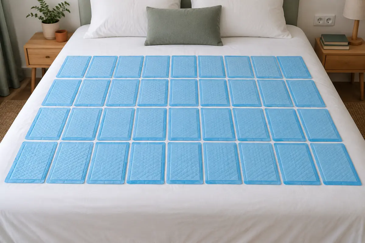 Lot de 50 alèses jetables bleues disposées en rangées sur un lit blanc dans une chambre épurée.