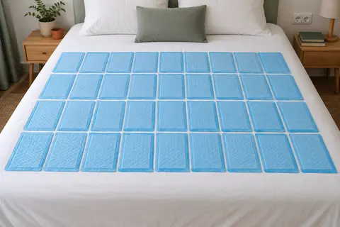 Lot de 50 alèses jetables bleues disposées en rangées sur un lit blanc dans une chambre épurée.