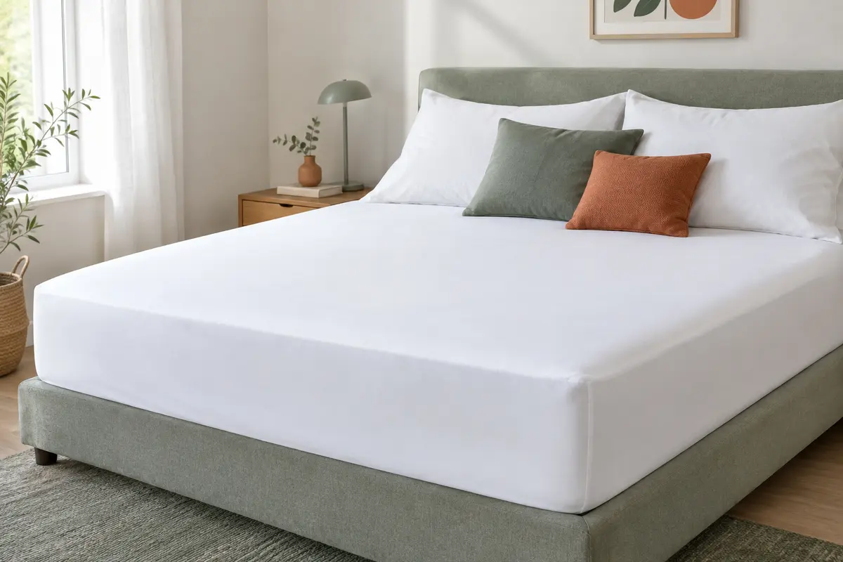 Protège-matelas blanc imperméable en forme de drap-housse, installé sur un matelas