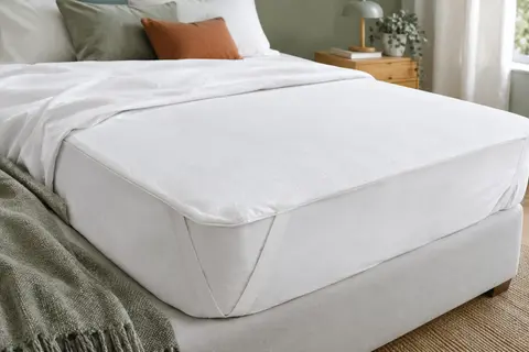 Protège-matelas blanc de forme plateau posé sur un lit, avec un coin élastique visible