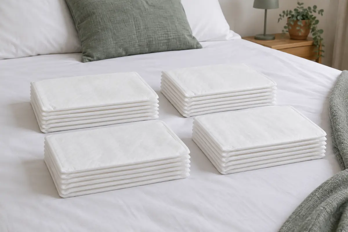 Alèses Huggies DryNites blanches empilées sur un lit aux draps clairs