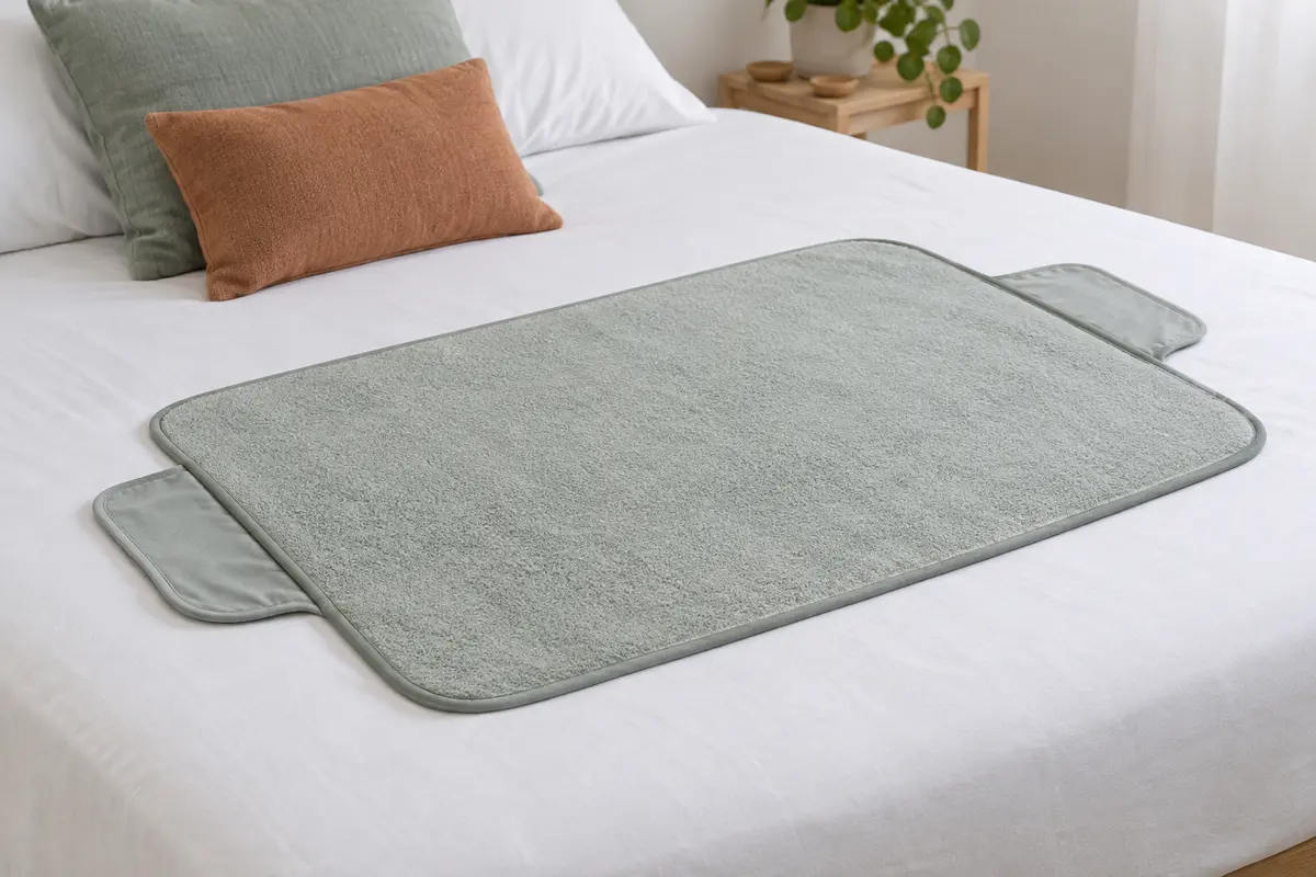 Alèse lavable en bambou posée sur un drap blanc, avec ses rabats visibles autour du couchage