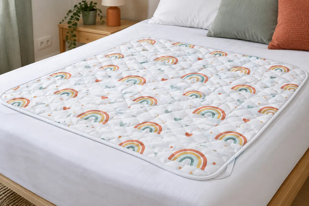 Alèse enfant matelassée à motif arc-en-ciel, posée sur un lit blanc avec ses rabats latéraux visibles.