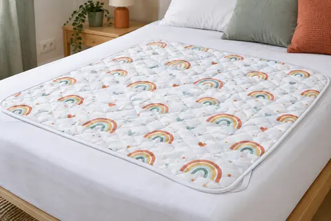Alèse enfant matelassée à motif arc-en-ciel, posée sur un lit blanc avec ses rabats latéraux visibles.