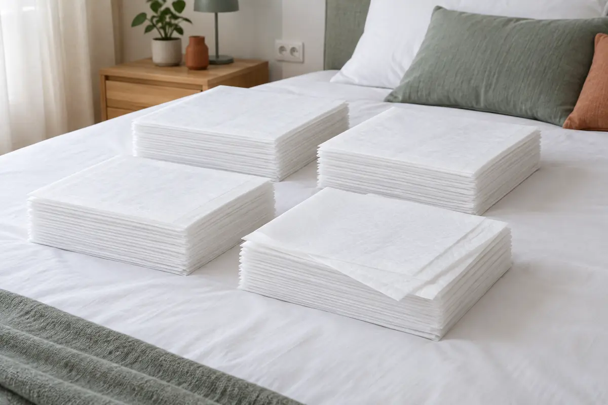 120 alèses jetables blanches en piles sur un lit aux draps blancs, dans une chambre épurée
