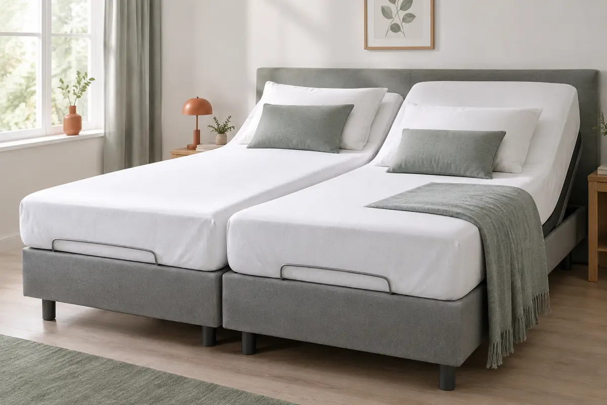 Protège-matelas blanc en coton sur un lit articulé, avec un coin relevé montrant le dessous imperméable.