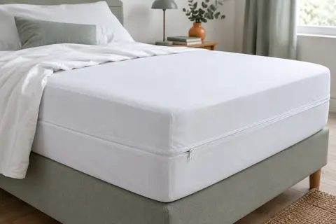 Housse de matelas intégrale blanche en polyester, avec fermeture éclair en U visible sur le côté