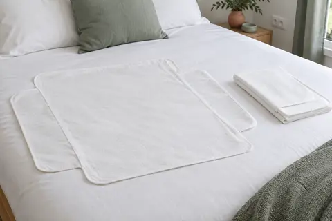 Deux alèses blanches absorbantes à rabats posées sur un lit aux draps clairs