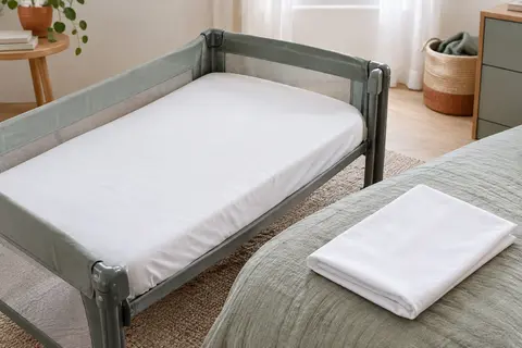 Deux draps-housses blancs, l’un installé sur un matelas de lit de voyage et l’autre plié à côté.