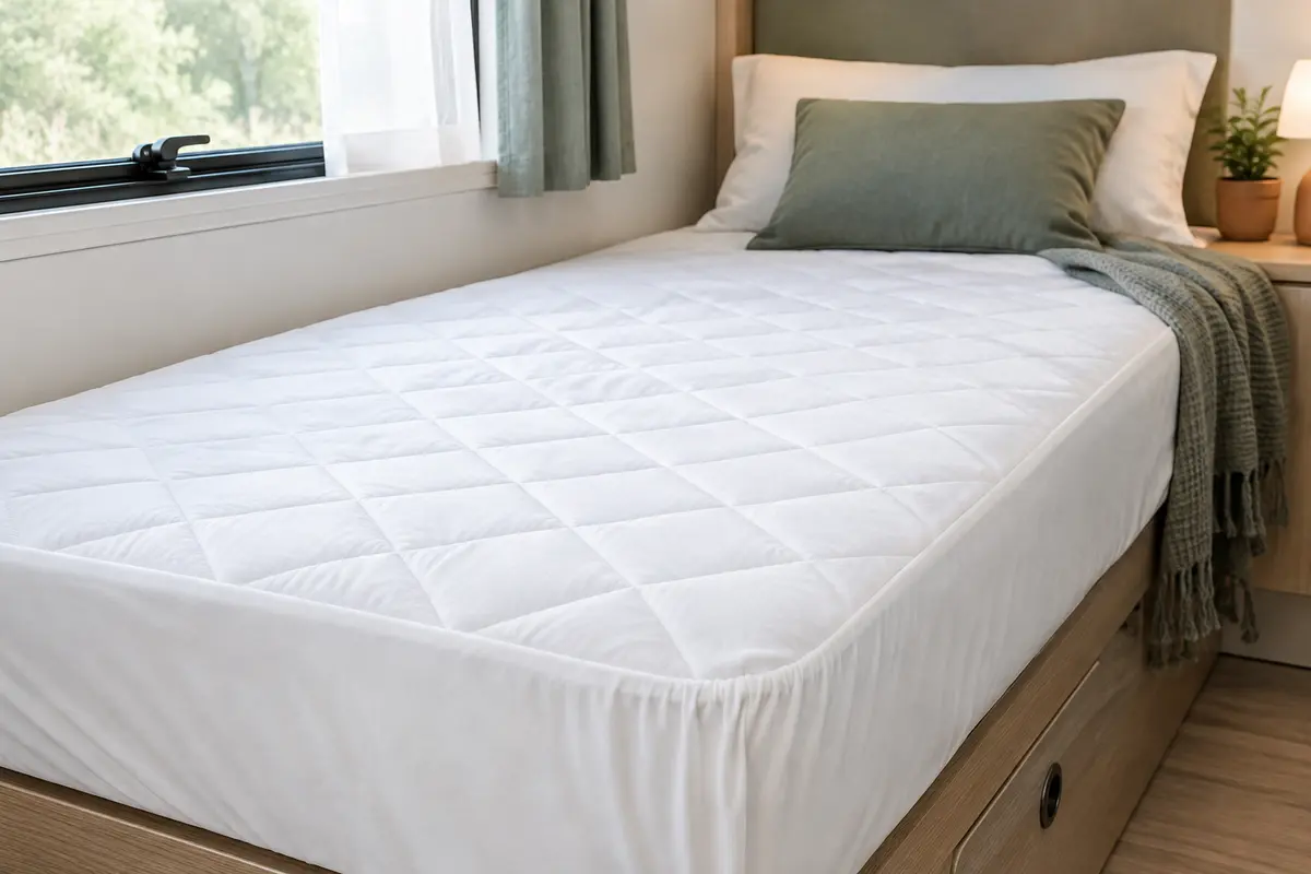 Protège-matelas blanc matelassé et ajusté sur un lit court de camping-car