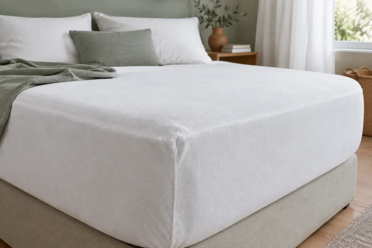 Protège-matelas drap-housse blanc en coton posé sur un matelas dans une chambre épurée