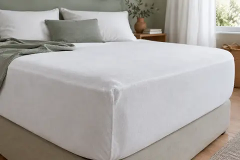 Protège-matelas drap-housse blanc en coton posé sur un matelas dans une chambre épurée