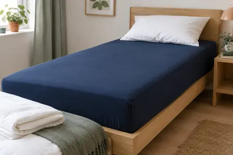 Protège-matelas Ohano bleu foncé en drap-housse posé sur un matelas blanc