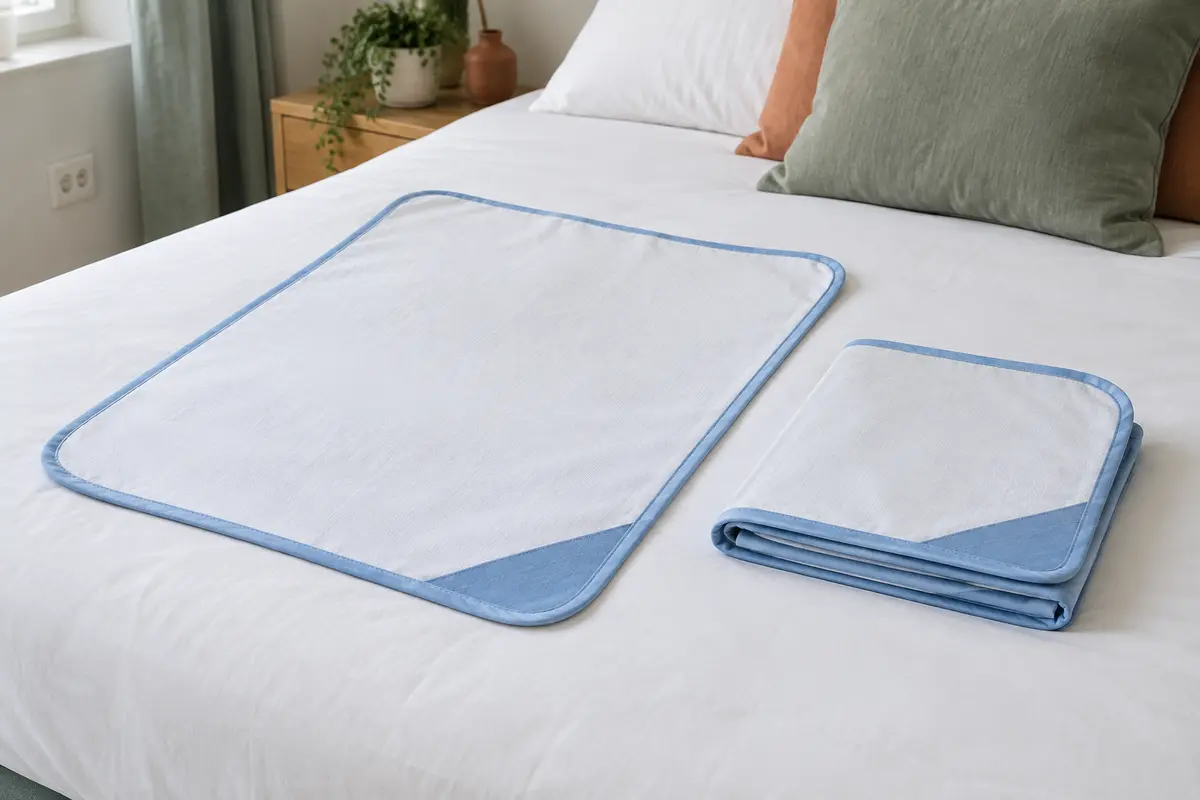 Deux alèses lavables bleu et blanc posées sur une literie aux draps blancs.