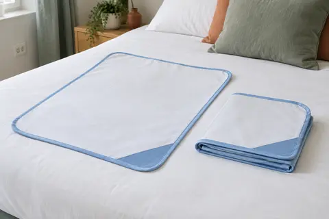 Deux alèses lavables bleu et blanc posées sur une literie aux draps blancs.