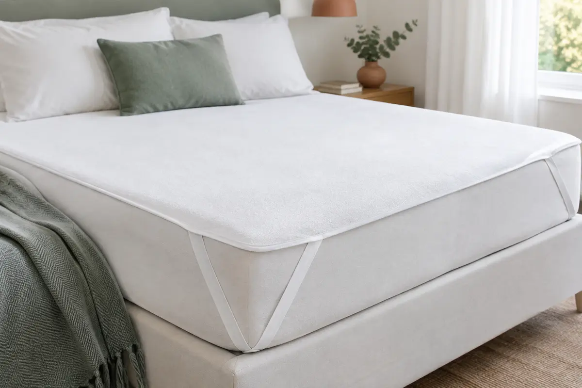 Protège-matelas blanc en coton posé sur un matelas, avec plateau et élastiques visibles aux coins.