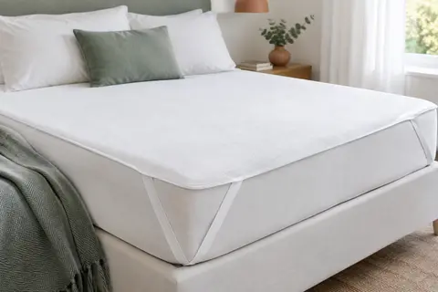 Protège-matelas blanc en coton posé sur un matelas, avec plateau et élastiques visibles aux coins.
