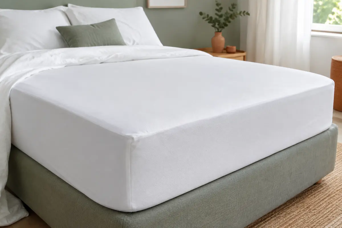 Protège-matelas blanc en coton, forme drap-housse, ajusté sur un matelas