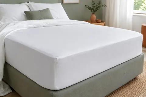 Protège-matelas blanc en coton, forme drap-housse, ajusté sur un matelas