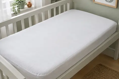 Protège-matelas bébé blanc en forme de drap-housse posé sur un matelas de 60 × 120 cm