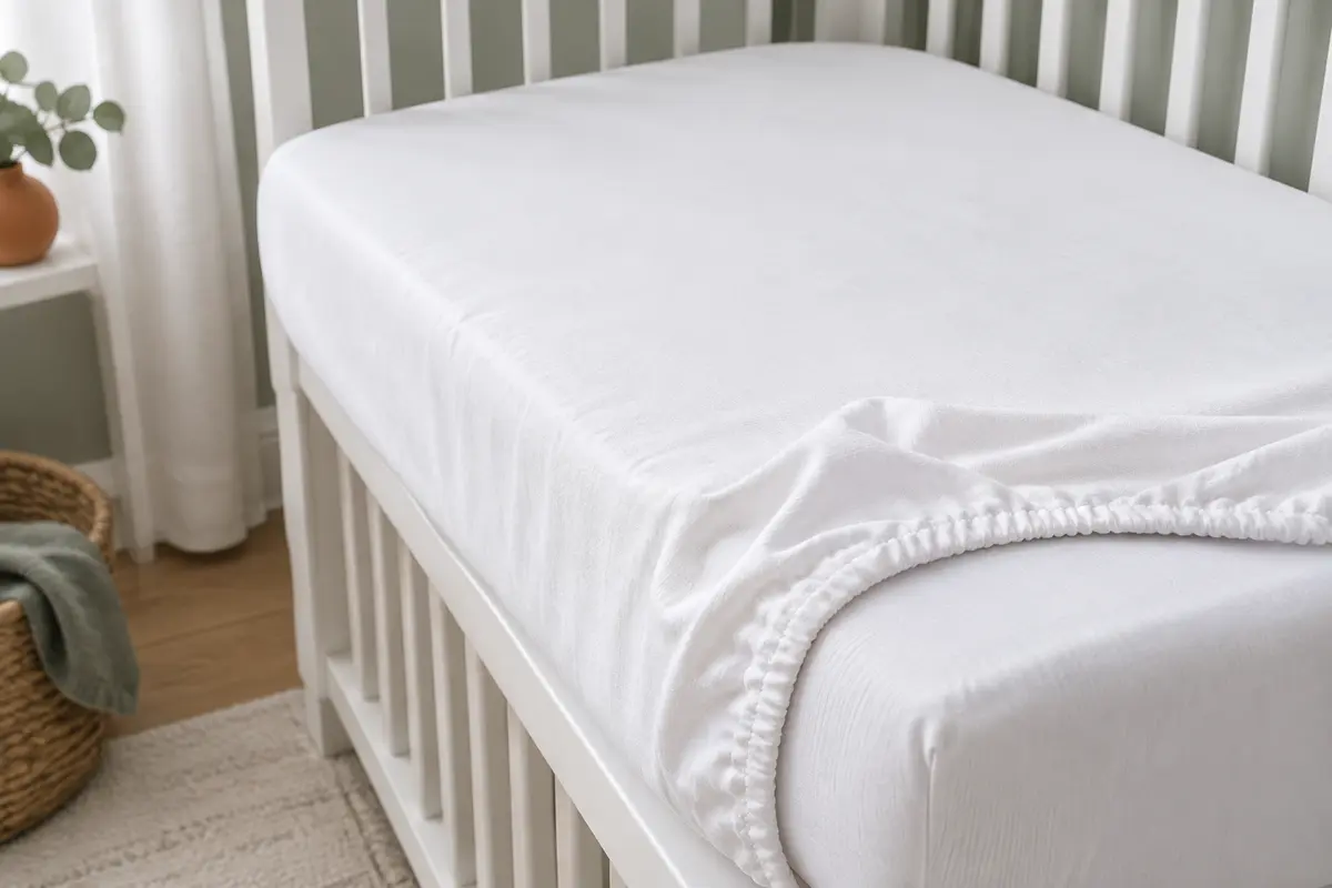 Protège-matelas bébé blanc en viscose, ajusté sur un matelas avec ses bords élastiqués visibles