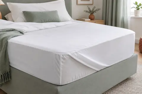 Protège-matelas blanc ajusté sur un matelas, avec un coin relevé pour montrer sa forme