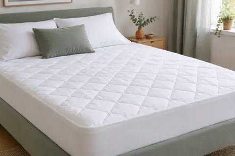 Protège-matelas blanc matelassé installé sur un matelas, avec son bonnet élastique visible sur les côtés.