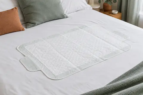 Alèse absorbante blanche à motif plaid et ailettes, posée sur un lit aux draps clairs.