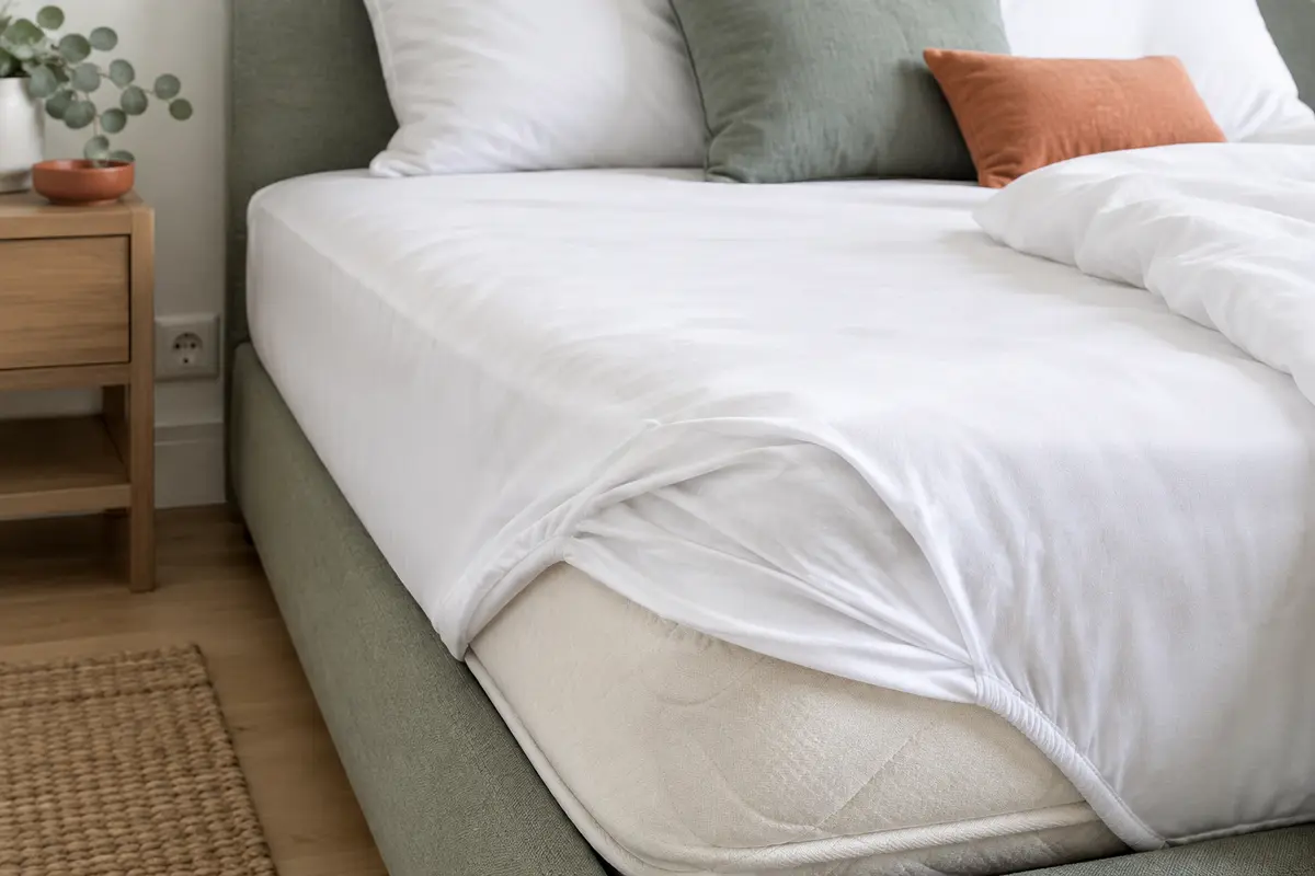 Protège-matelas blanc en drap-housse ajusté sur un matelas, dans une chambre claire et épurée.