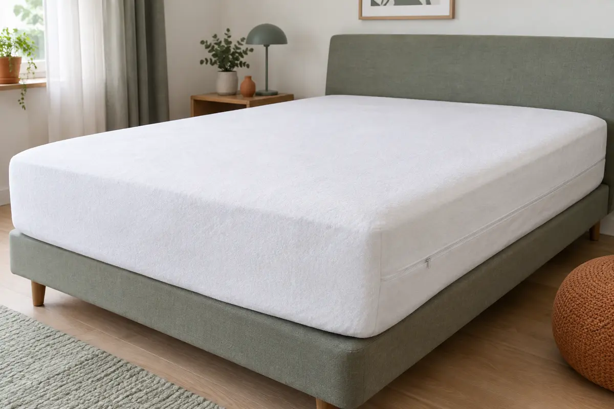 Housse blanche intégrale ajustée autour d’un matelas, avec fermeture éclair visible sur le côté
