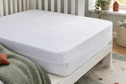 Housse intégrale blanche avec fermeture en U sur un matelas de lit bébé