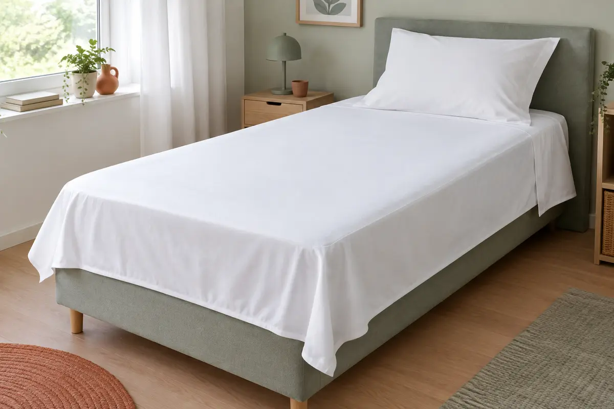 Alèse blanche Sensalou avec ailes latérales, posée à plat sur un matelas dans une chambre claire.